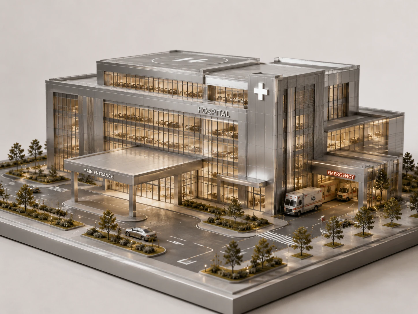 Hospital construido con vidrio y metal